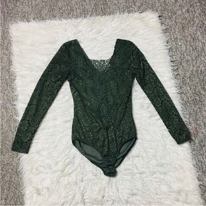 Charlotte Russe Paisley Lace Bodysuit Olive Green Long Sleeve Size Small